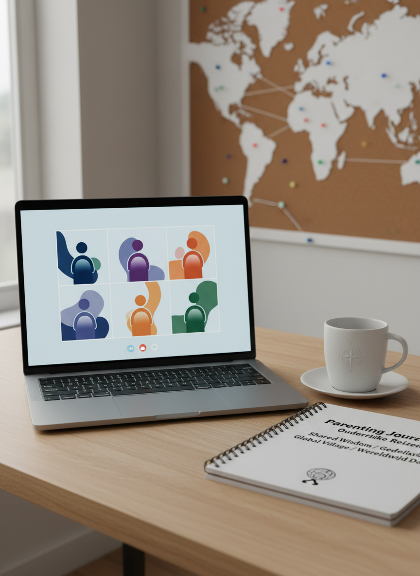 A sleek silver laptop open on a light oak desk, its screen glowing with a clean video-call interface showing abstract, colorful silhouettes instead of people to suggest an online parenting support session. Next to the laptop, a neatly stacked bilingual notebook with alternating English and Dutch headings is visible, along with a simple ceramic mug and a world map pinboard in the softly blurred background. Gentle natural daylight from a nearby window casts soft, even illumination, creating subtle reflections on the laptop surface. Photographic realism, shot at eye level with a shallow depth of field, conveying a professional, calm, and globally connected atmosphere that emphasizes virtual support across borders without showing any human figures.