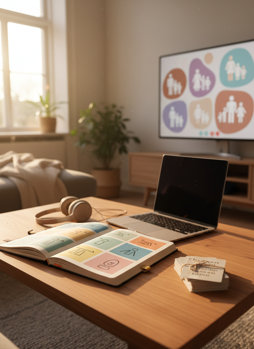 A cozy living room scene featuring a low, natural wood coffee table with an open planner showing color-coded blocks labeled in abstract symbols, alongside a slim laptop, wireless headphones, and a small bilingual English–Dutch phrase card set without readable text. In the background, a large monitor on a media console shows an abstract video call grid made of soft, colored shapes representing diverse families worldwide. Warm late-afternoon light streams in from the side, creating a welcoming glow and gentle shadows. Photographic realism, captured from a three-quarter view with the table in focus and the screen softly blurred, evoking a supportive, approachable atmosphere of remote parenting coaching sessions.