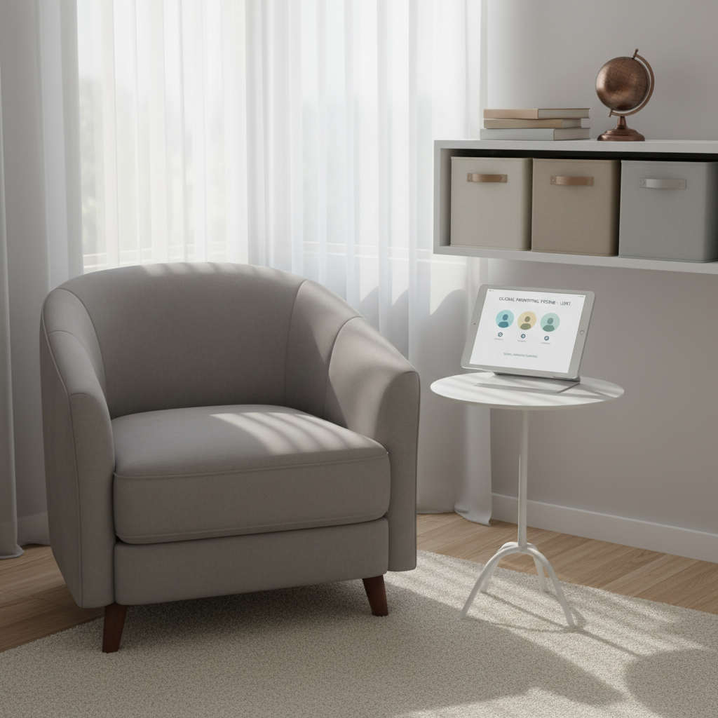 A serene nursery-inspired corner designed for online parenting workshops, featuring a soft grey armchair beside a small white side table holding a tablet on a stand, its screen showing a clean webinar interface with abstract avatar icons. Nearby, a tidy shelf holds neutral-toned storage boxes, simple picture books with blank covers, and a small globe accent, suggesting international families. Natural morning light filters through gauzy curtains, creating a gentle, nurturing glow with delicate shadows on the light wood floor. Photographic realism, framed using the rule of thirds from a slightly elevated angle, with crisp detail and a calm, reassuring mood that reflects professional yet warm parenting support accessible from any country.